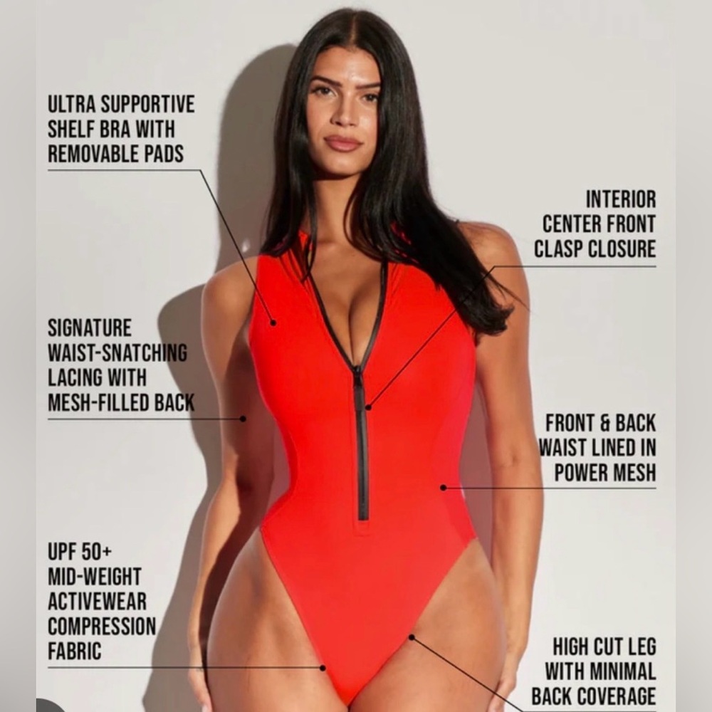 Red Front-Zip One-Piece Swimsuit - Picture 3 of 5